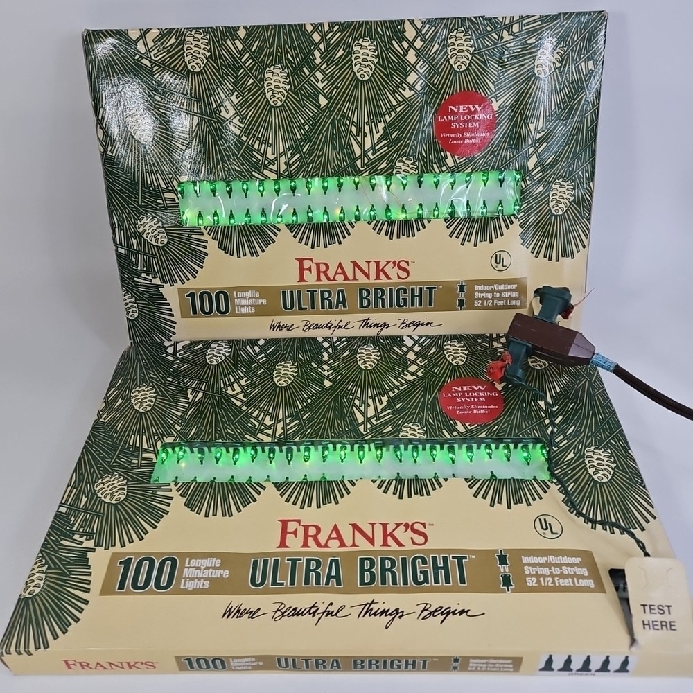 2 Vtg‎ Frank's 100 Ultra Bright Longlife Miniature Christmas Lights GREEN 52.5ft